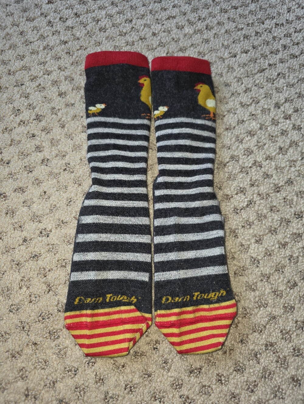 Women’s Dark Gray Striped Crew Socks with Red Cuff and Yellow Chicken Accent